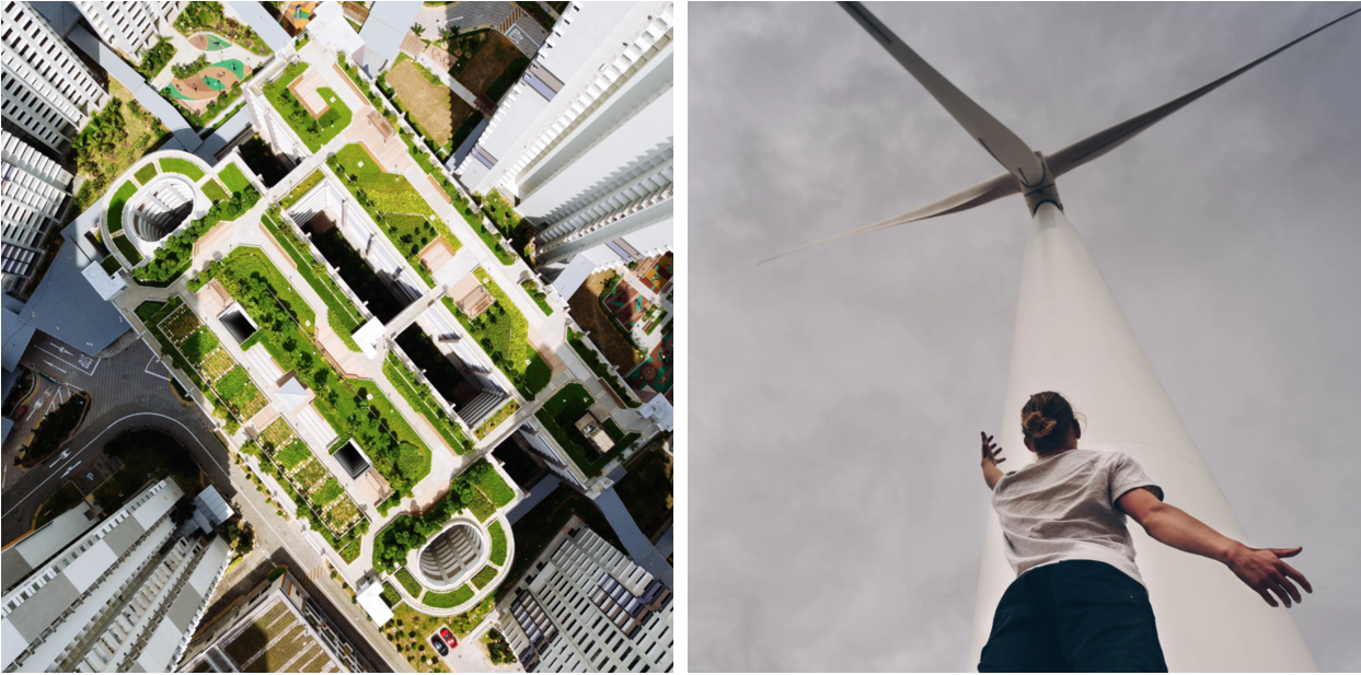 Hochhäuser fotografiert aus der Vogelperspektive und ein Windrad zu dem eine Person hinaufschaut