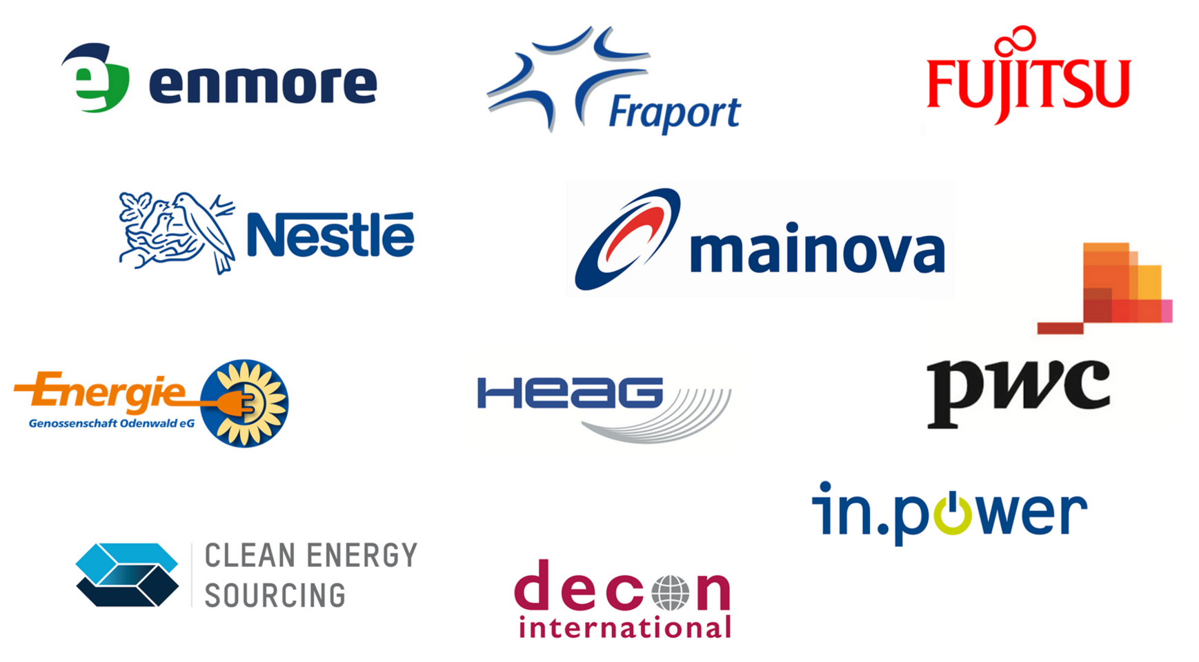 Logos der Kooperationspartner des Studiengangs Energiewirtschaft: enmore, Fraport, Fujitsu, Nestle, mainova, Energiegenossenschaft Odenwald eG, PWC, HEAG, Clean Energy Sourcing, decon international, in.power