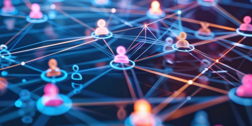 A colorful network of people is displayed in a blue background Wirtschaftsforum 2025