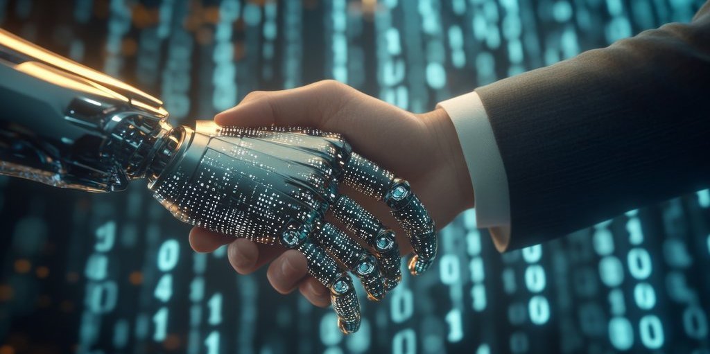 Businessman and robot handshake about tech innovation, machine learning progress and partnership with future Artificial General Intelligence Anmeldung 9. Wirtschaftsforum 2025